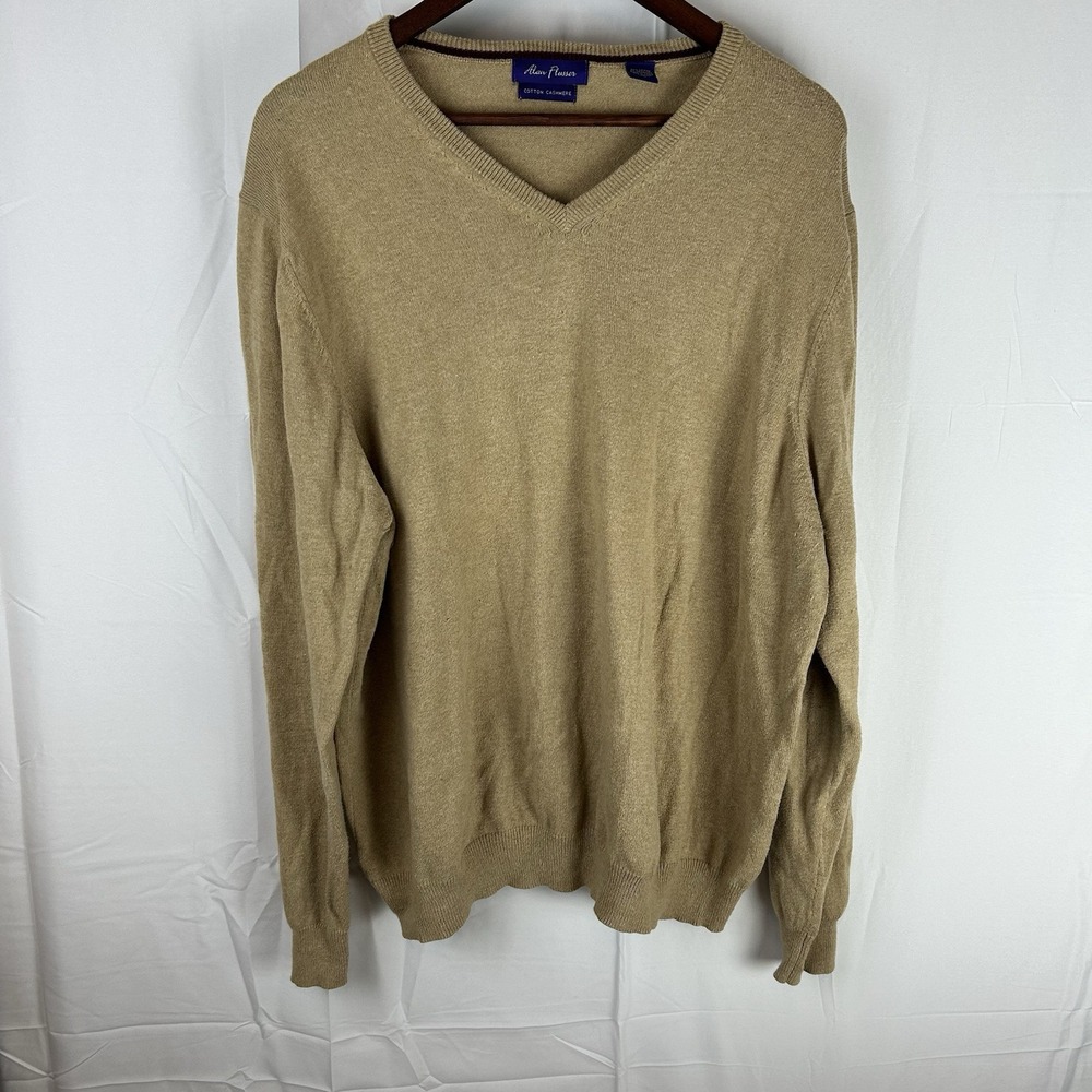 Alan Flusser Men's V Neck Tan Pullover 92% Cotton 8% Cashmere Sweater XL